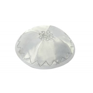 White Satin Kippah with Silver Diagonal Design