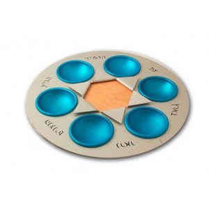 Shraga Landesman Turquoise and Silver Star of David Seder Plate - Aluminum Wood