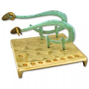 Shraga Landesman Brass Square Base Hanukkah Menorah - Sheep and Ram