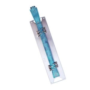 Shraga Landesman Alpaca Mezuzah Case Extended Hamsa Hand - Blue