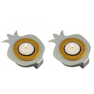 Shraga Landesman Pair Aluminum Pomegranate Candle Holders - Gold and Silver