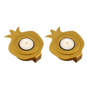 Shraga Landesman Pair Aluminum Pomegranate Candle Holders - Gold