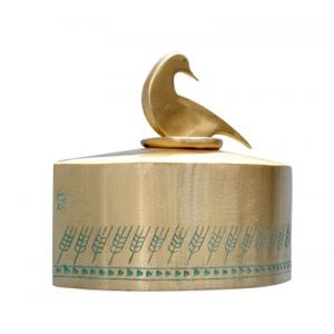 Shraga Landesman Brass Patina Charity Box Wheat Design - Gold Duck