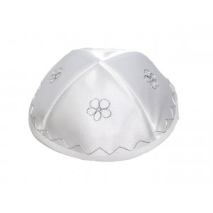 White Terylene Kippah with flower design