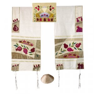 Yair Emanuel Embroidered Raw Silk Tallit Set, Pomegranates - Gold