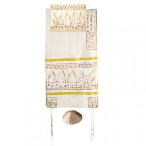 Yair Emanuel Embroidered Raw Silk Tallit Set, Wheat and Pomegranates - Cream