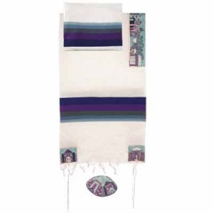 Yair Emanuel Woven Cotton Tallit Set, Hand Embroidered Jerusalem Images - Blue