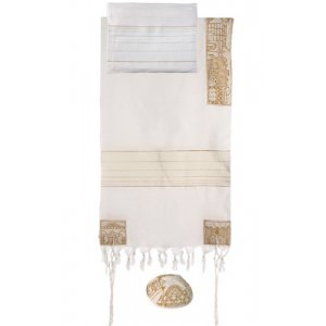 Yair Emanuel Woven Cotton Tallit Set, Hand Embroidered Jerusalem Images - Gold