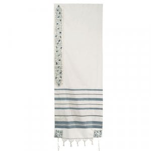 Yair Emanuel Wool Tallit, Stripes and Embroidered Pomegranates - Light Blue
