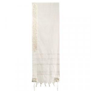 Yair Emanuel Wool Tallit, Stripes and Embroidered Pomegranates - Silver