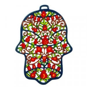 Yair Emanuel Large Laser Cut Hand-painted Wall Hamsa - Pomegranates