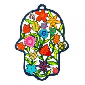 Yair Emanuel Large Laser Cut Hand-painted Colorful Wall Hamsa - Flowers