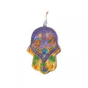 Yair Emanuel Glass Hamsa for Hanging, Small - Hand Painted Menorah & Birds