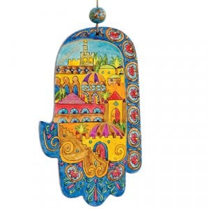 Yair Emanuel Small Hand Painted Wood Wall Hamsa - Golden Jerusalem