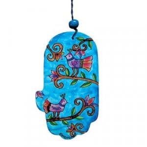 Yair Emanuel Small Hand Painted Wood Wall Hamsa, Blue - Birds