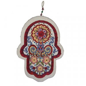 Yair Emanuel Maroon Hand-embroidered Silk Wall Hamsa - Flowers