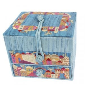 Yair Emanuel Wood & Fabric Embroidered Blue Jewelry Box - Jerusalem