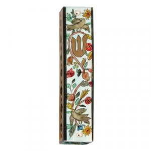 Yair Emanuel Large Hand Painted Wood Mezuzah Case - Birds on Blue