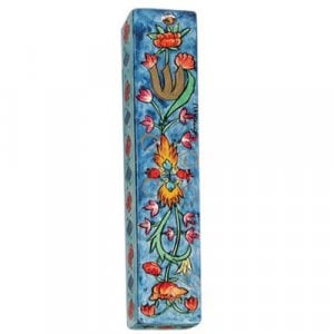 Yair Emanuel Large Hand Painted Wood Mezuzah Case - Flower Design on Blue