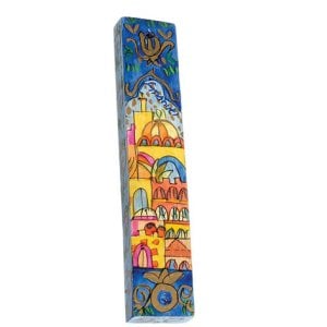 Yair Emanuel Large Hand Painted Wood Mezuzah Case - Golden Domes of Jerusalem