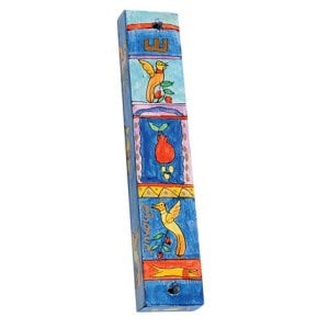 Yair Emanuel Large Hand Painted Wood Mezuzah Case - Birds and Pomegranates