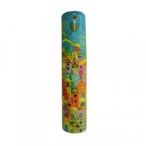 Yair Emanuel Large Hand Painted Wood Mezuzah Case - Colorful Jerusalem