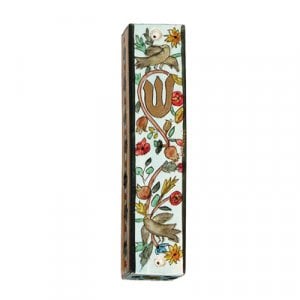 Yair Emanuel Small Hand Painted Wood Mezuzah Case - Birds and Pomegranates