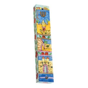 Yair Emanuel Small Hand Painted Wood Mezuzah Case - Jerusalem Gates