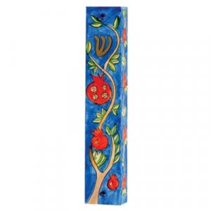 Yair Emanuel Small Hand Painted Wood Mezuzah Case - Pomegranates on Blue