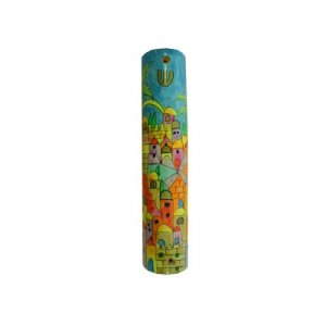 Yair Emanuel Small Hand Painted Wood Mezuzah Case - Colorful Jerusalem