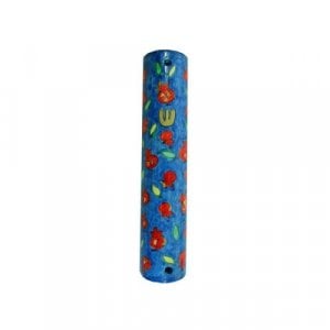 Yair Emanuel Small Hand Painted Wood Mezuzah Case - Red Pomegranates on Blue
