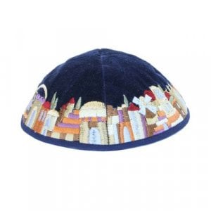 Yair Emanuel Blue Velvet Kippah, Embroidered Jerusalem Images - Colorful