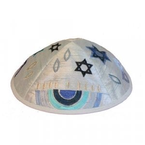 Yair Emanuel Kippah, Embroidered Judaica Symbols - Blue