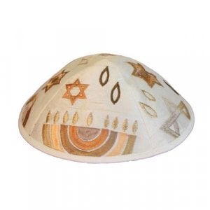 Yair Emanuel Kippah, Embroidered Hanukkiah, Star of David and Flame - Gold