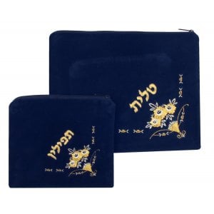 Dark Blue Velvet Tallit & Tefillin Bags Flowers design