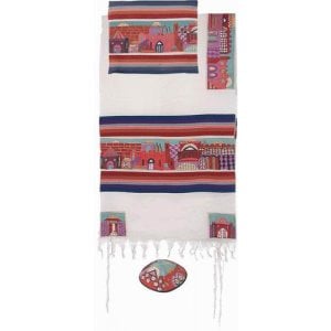 Yair Emanuel Hand Embroidery Woven Cotton Tallit Set, Jerusalem - Red