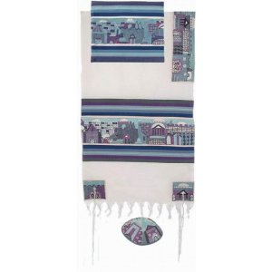 Yair Emanuel Hand Embroidered Woven Cotton Tallit Set, Jerusalem - Blue
