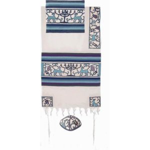 Yair Emanuel Hand Embroidered Woven Cotton Tallit Set, Blue - Paper Cut Design