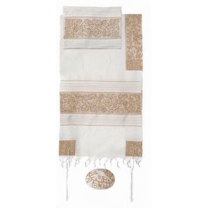 Yair Emanuel Hand Embroidered Cotton Tallit Set, Flowers & Matriarchs - Gold