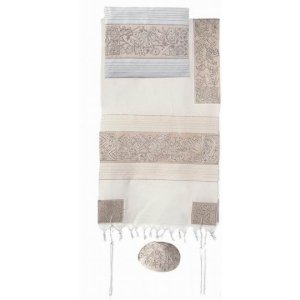 Yair Emanuel Hand Embroidered Cotton Tallit Set, Flowers & Matriarchs - Silver