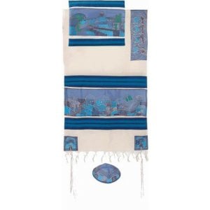Yair Emanuel Woven Cotton and Silk Tallit Set, Blue - Jerusalem Views