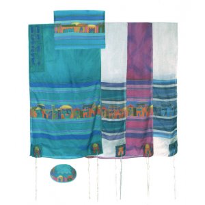 Yair Emanuel Hand Painted Silk Tallit Set - Jerusalem Images