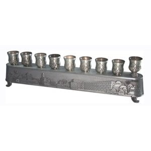 2-in-1 Pewter Plated Menorah, Jerusalem Engraving - Shabbat Lights on Reverse