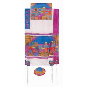 Yair Emanuel Hand Painted Silk Tallit Set, Multicolor - Jerusalem Views