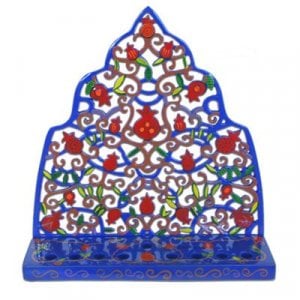 Yair Emanuel Laser Cut Hand-Painted Hanukkah Menorah - Pomegranate Display