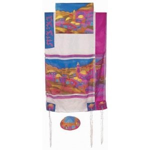 Yair Emanuel Hand Painted Pure Silk Tallit Set - Colorful Jerusalem Views