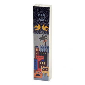 Dorit Judaica Lucite Mezuzah Case Colorful Aluminum Print - Jerusalem and Doves