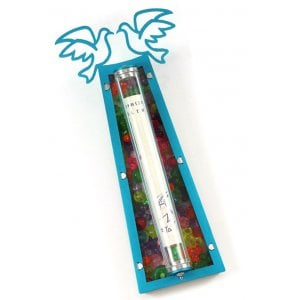 Shraga Landesman Peace Doves Mezuzah Case Turquoise and Colorful - Aluminum, Lucite