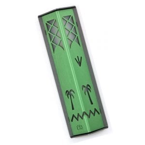 Shraga Landesman Angular Shiny Green Aluminum Mezuzah Case - Palm Tree Motif