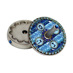 Round Hand Made Dreidel With Stones- Blue